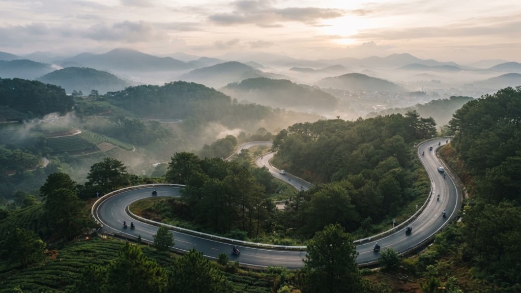 Panoramic landscape of Da Lat highland winding mountain pass roads surrounded by lush pine forests in misty morning